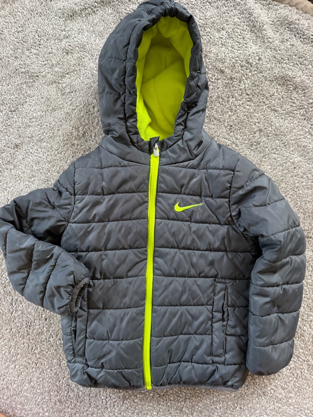 Nike Kids Gray Puffer Jacket with Neon Accents